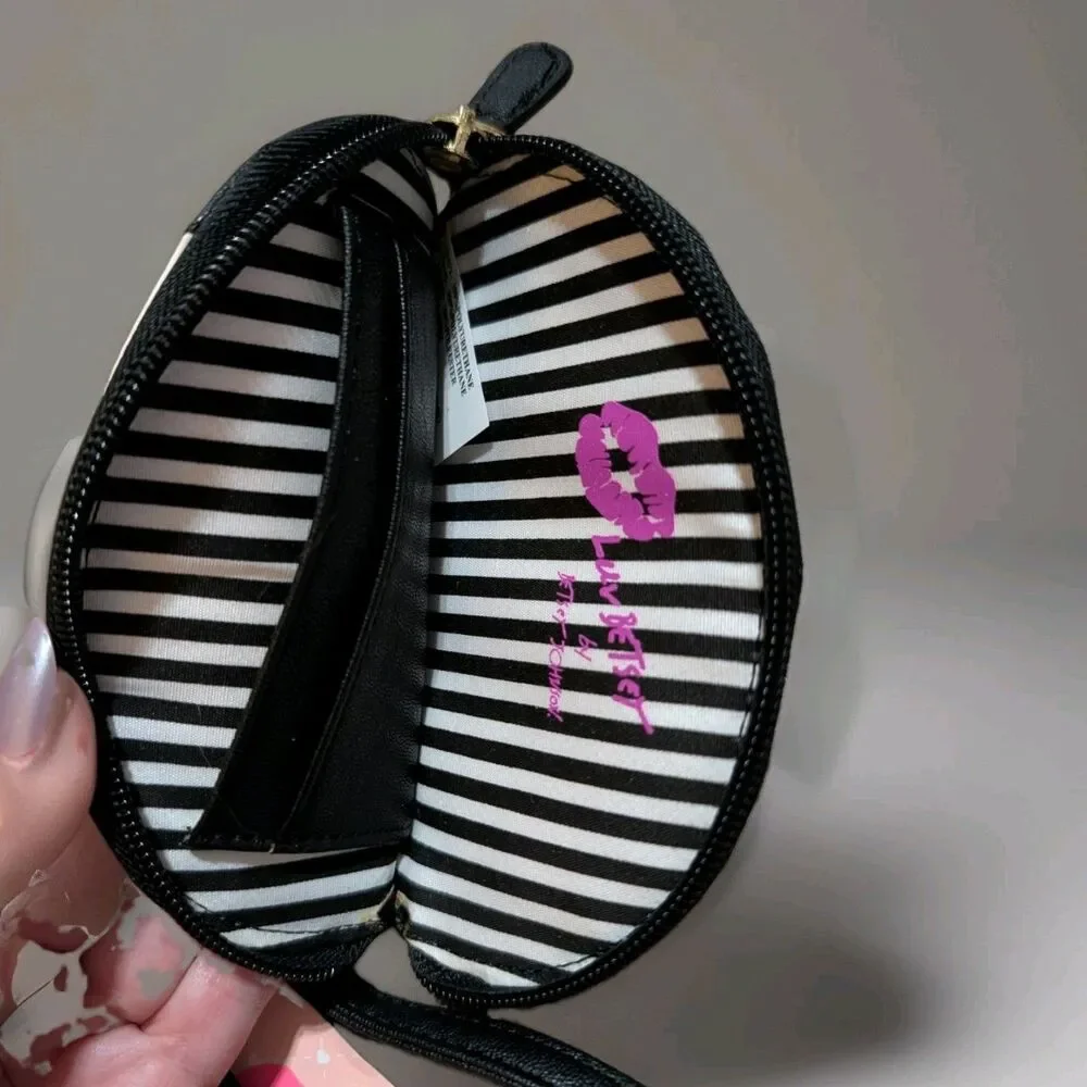 Luv Betsey Johnson French Bulldog Coin Purse Wristlet Wallet Black White NWT